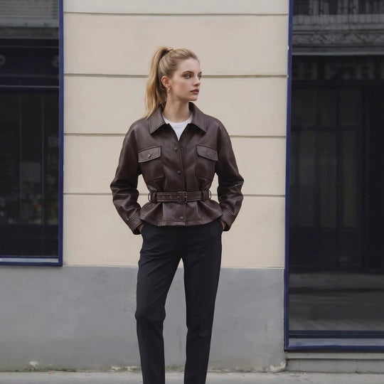 Damen Lederjacke mit Taillengürtel und Oversized-Schnitt Nord Taschen