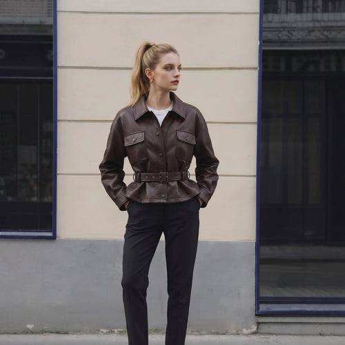 Damen Lederjacke mit Taillengürtel und Oversized-Schnitt Nord Taschen