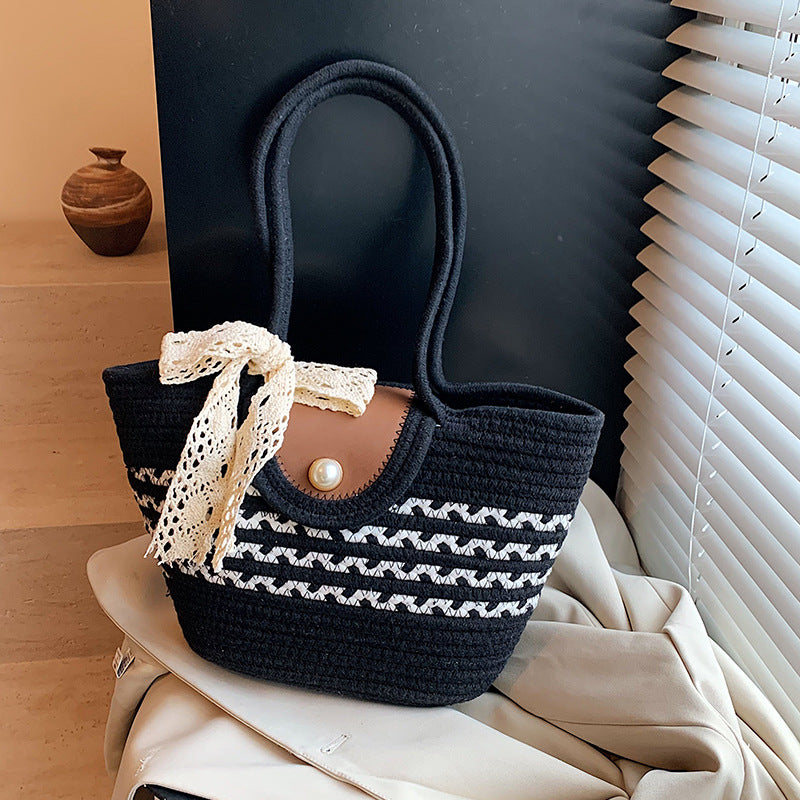 Damen Jute-Handtasche mit dekorativem Spitzenband Nord Taschen