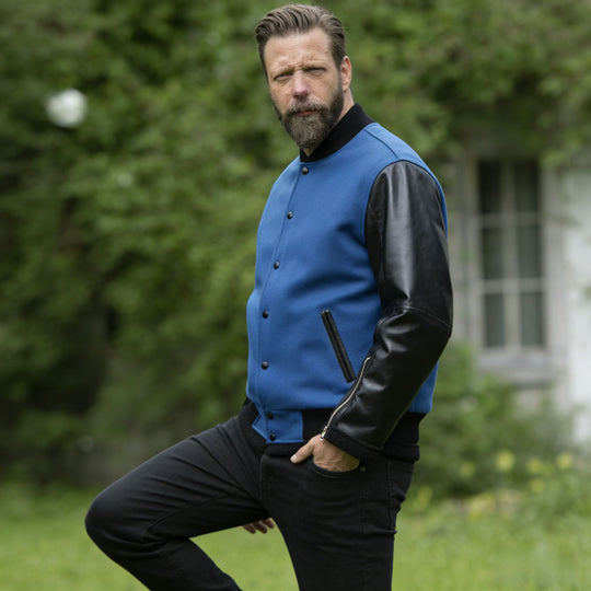Herren College-Bomberjacke im Varsity-Stil mit Wollkörper und Lederärmeln Nord Taschen