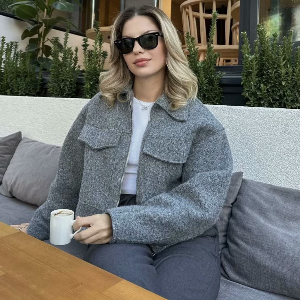 Damen Kastenförmige Wollmix-Überhemdjacke mit aufgesetzten Brustklappen und verdecktem Reißverschluss Nord Taschen