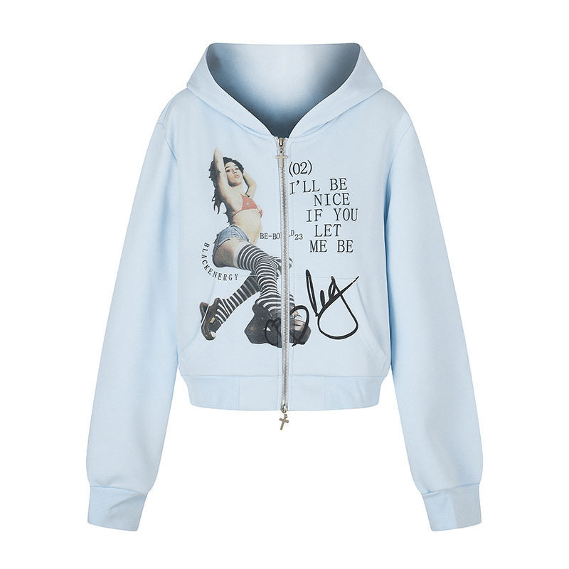 Damen Kapuzen-Sweatjacke mit Fotoprint, kurzem Cropped-Schnitt und Kreuz-Zipper Nord Taschen