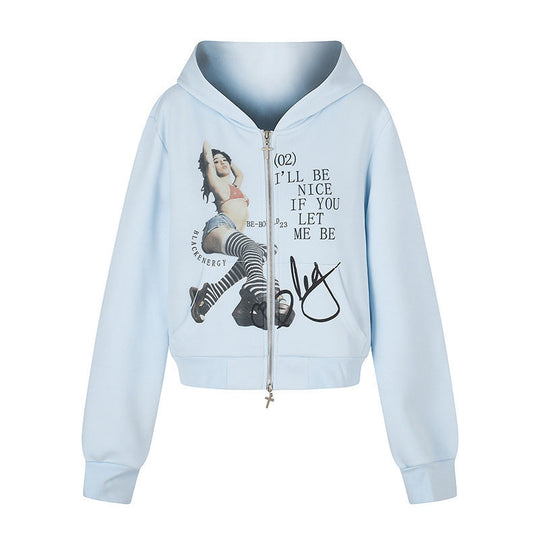 Damen Kapuzen-Sweatjacke mit Fotoprint, kurzem Cropped-Schnitt und Kreuz-Zipper Nord Taschen