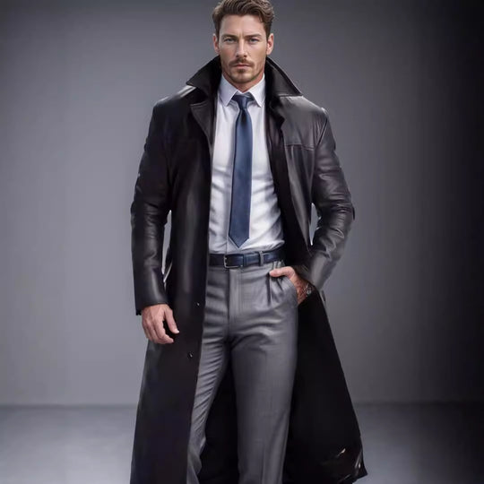 Herren Langer Ledermantel im Trench-Stil mit schmaler Silhouette und Stehkragen Nord Taschen