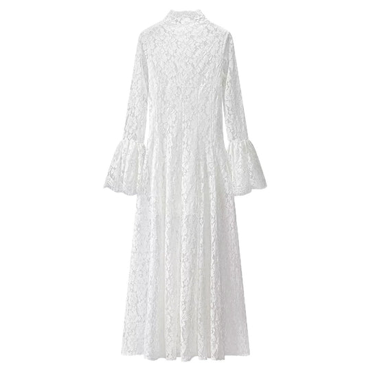 Damen Maxikleid aus floraler Spitze mit hohem Stehkragen und Glockenärmeln Nord Taschen