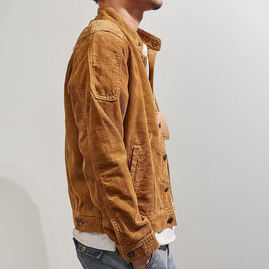 Herren Kurz geschnittene Kordjacke im Worker‑Style mit Stehkragen und Druckknopfleiste Nord Taschen