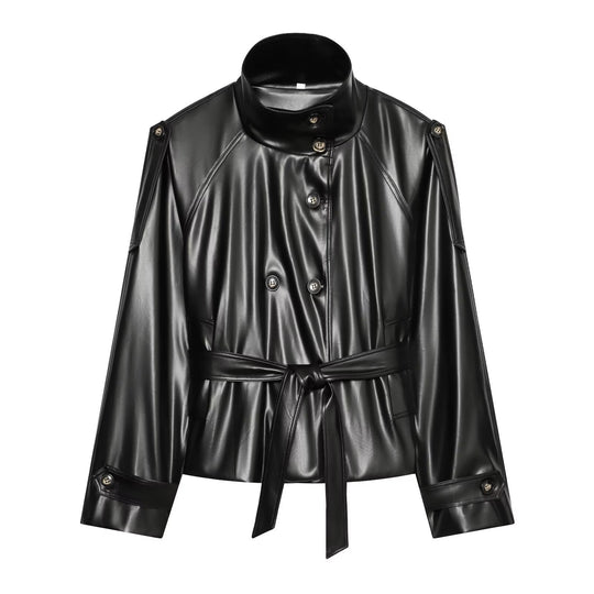 Damen Kurzer Trench‑Blouson in Lederoptik mit Taillengürtel, hohem Stehkragen und doppelter Knopfleiste Nord Taschen