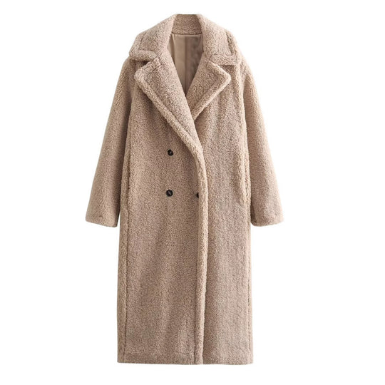 Damen 900+ langer Teddy‑Mantel im Oversize‑Cut mit Doppelreihe, Reverskragen und wärmender Innenfutter Nord Taschen