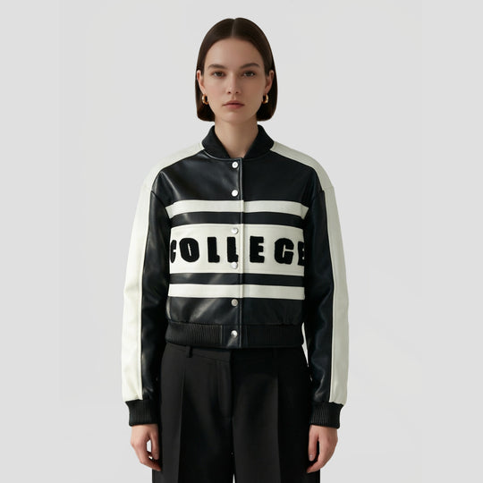 Damen Bicolor College-Bomberjacke aus Kunstleder mit Rippbündchen Nord Taschen