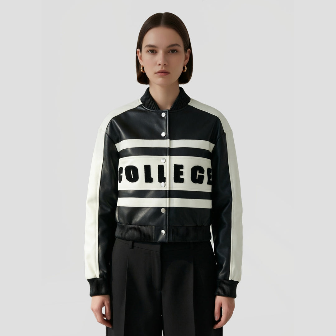 Damen Cropped College‑Bomberjacke aus Kunstleder mit kontrastierenden Streifen und Druckknöpfen Nord Taschen