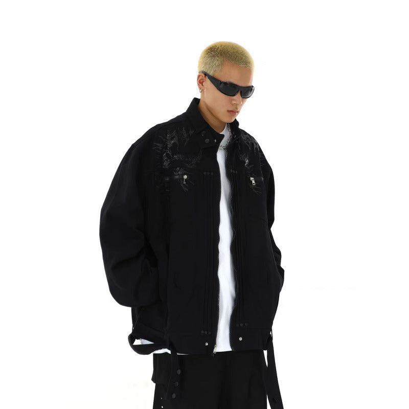 Herren Oversized Utility-Jacke mit Stickerei, Stehkragen, Reißverschluss und langen Gurtbändern Nord Taschen