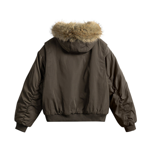 Damen Kurze isolierte Field-Bomberjacke mit Kapuze und abnehmbarem Kunstfellbesatz Nord Taschen