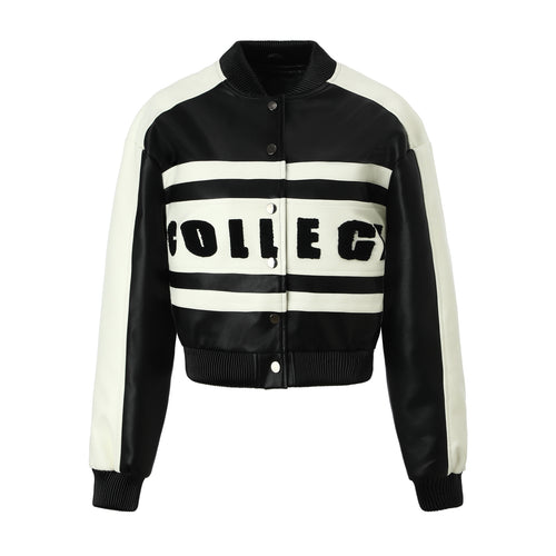 Damen Cropped College‑Bomberjacke aus Kunstleder mit kontrastierenden Streifen und Druckknöpfen Nord Taschen