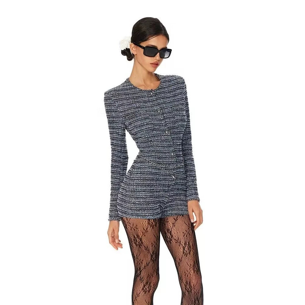Damen Bouclé-Shorts-Overall mit taillierter Silhouette, Knopfleiste und Zierkette Nord Taschen