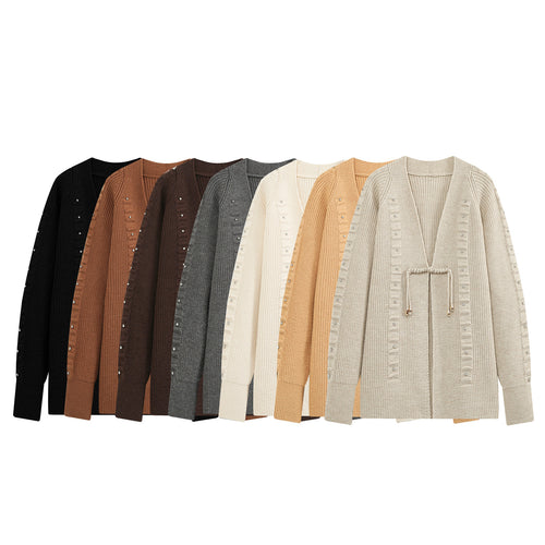 Damen Grobstrick-Cardigan mit Tunnelzug und Strassapplikation Nord Taschen