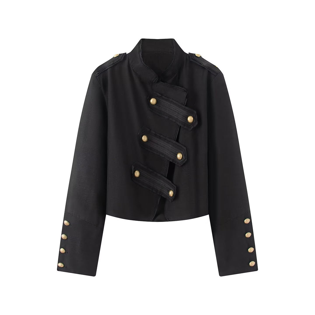 Damen Kurze Militärjacke mit Stehkragen und goldenen Zierknöpfen Nord Taschen