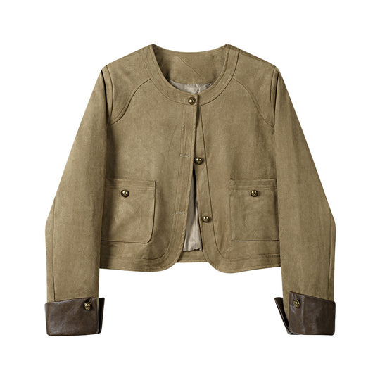 Damen Kurzjacke aus Veloursleder mit Rundhals, aufgesetzten Taschen & Umschlagmanschetten Nord Taschen