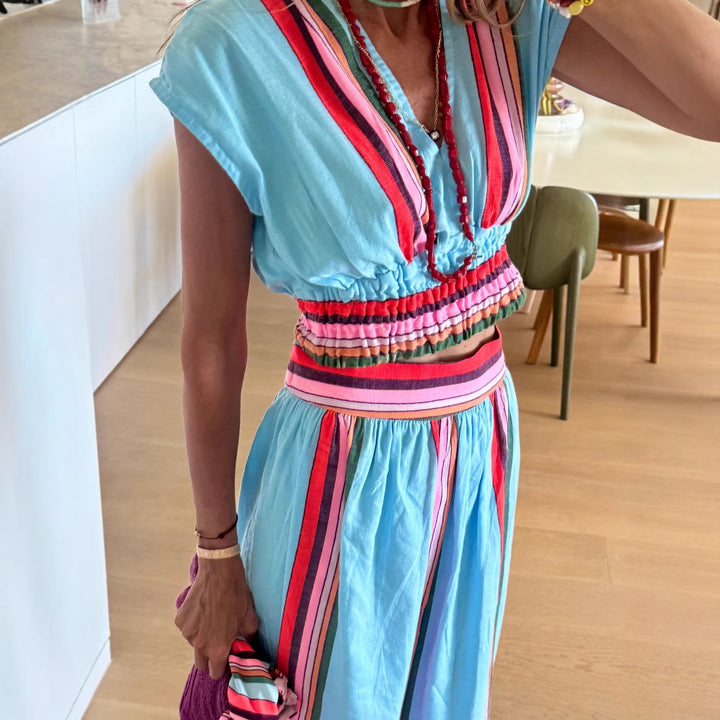 Damen Strandmaxi-Kleid mit elastischem Taillenbund und buntem Streifenmuster