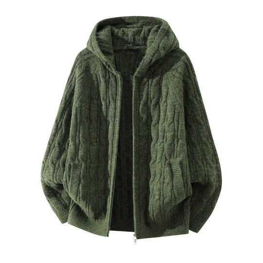 Damen Oversize Zopfstrick-Kapuzencardigan mit durchgehendem Reißverschluss und Ballonärmeln Nord Taschen
