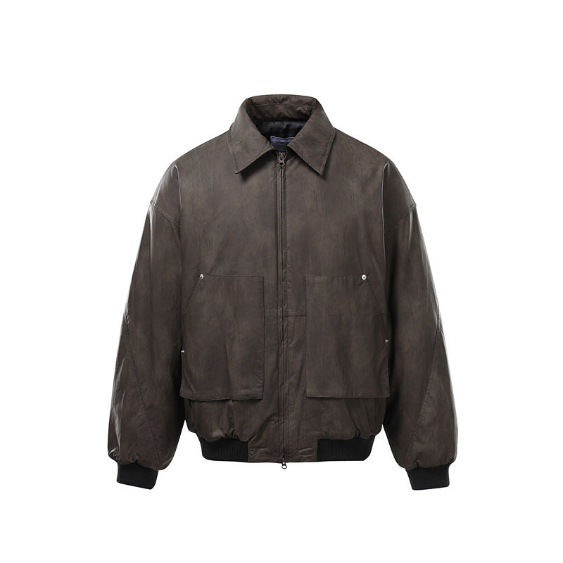 Herren Kurzboxy Vintage-Lederoptik Blouson mit Rippbündchen und großen Pattentaschen Nord Taschen