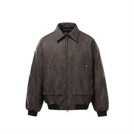 Herren Kurzboxy Vintage-Lederoptik Blouson mit Rippbündchen und großen Pattentaschen Nord Taschen