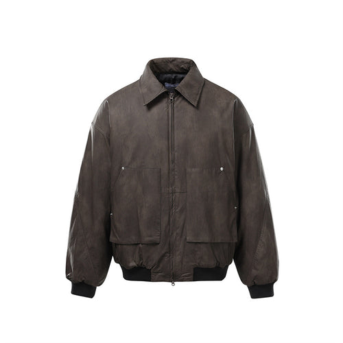 Herren Kurzboxy Vintage-Lederoptik Blouson mit Rippbündchen und großen Pattentaschen Nord Taschen