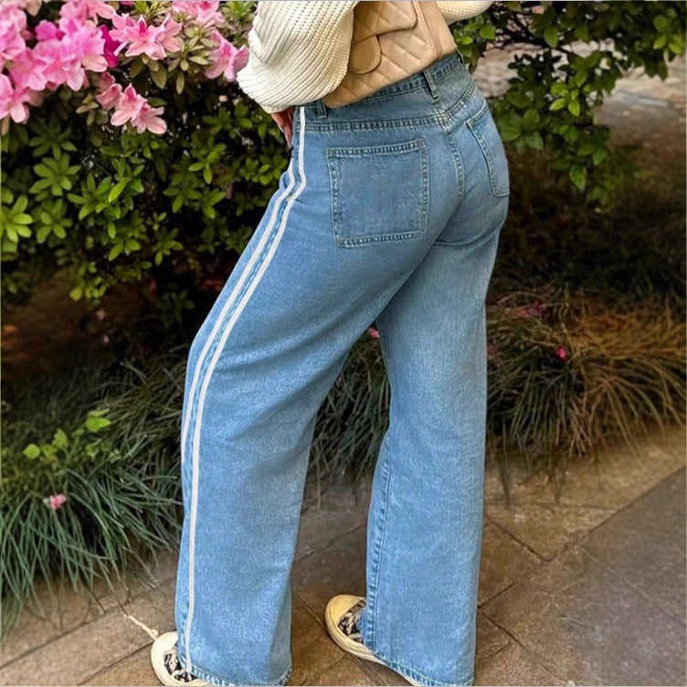 Damen weite High-Waist Denim-Jeans mit seitlichem Kontraststreifen Nord Taschen