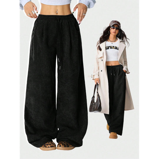 Damen Weite Cordhose mit hohem elastischem Bund und Kordel Nord Taschen