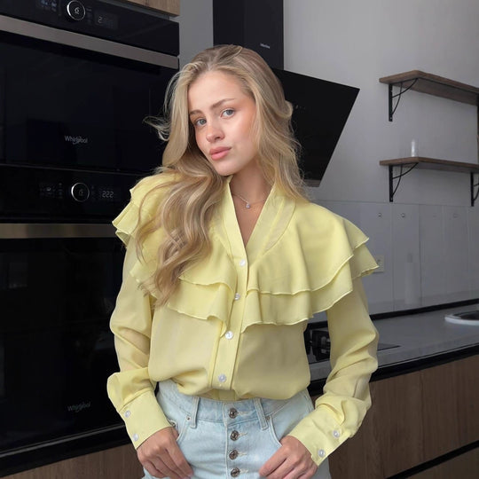 Damen Chiffon-Bluse mit mehrlagiger Volant-Rüsche und Perlmuttknöpfen Nord Taschen