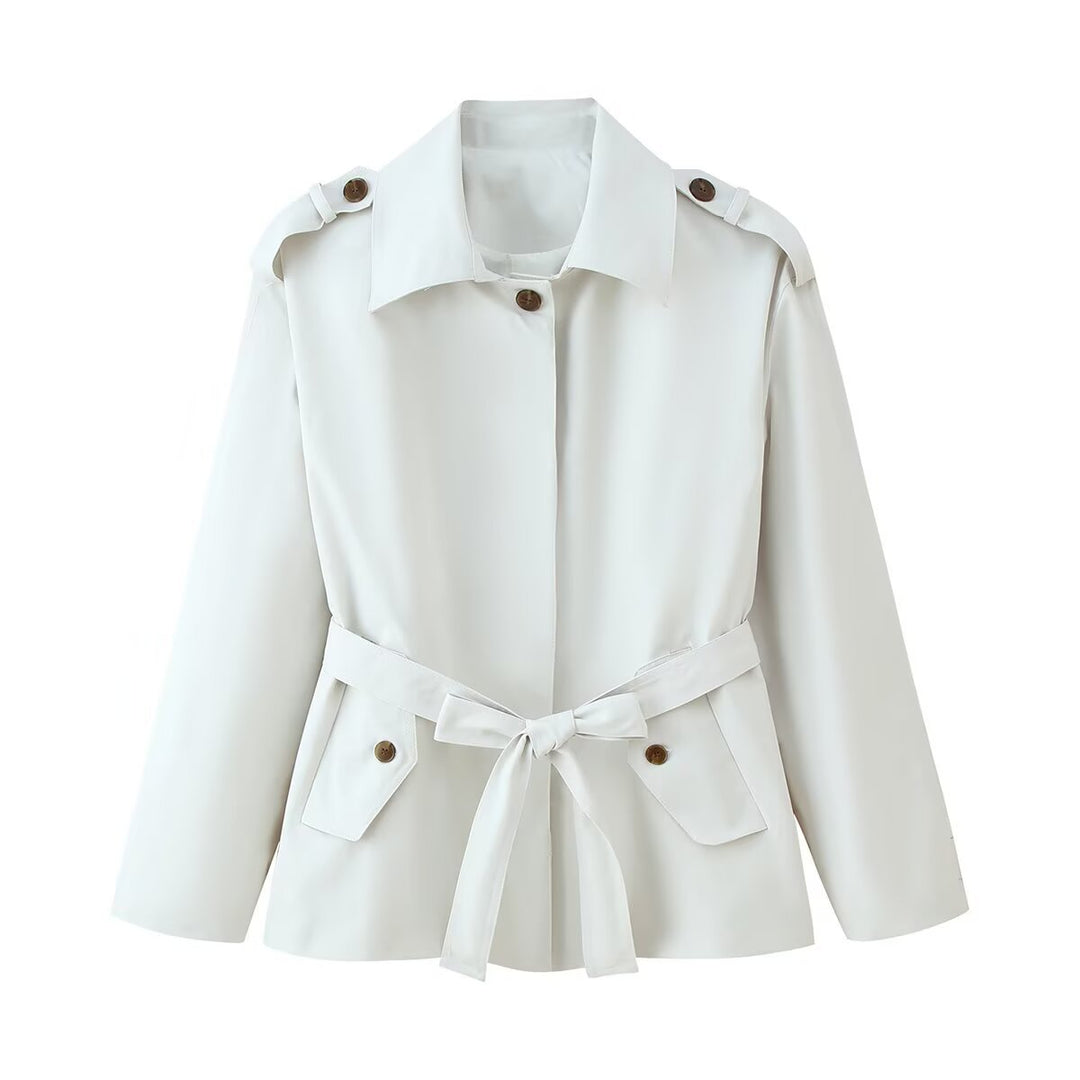 Damen Kurz‑Trenchjacke mit Taillengürtel, Schulterklappen und Pattentaschen Nord Taschen