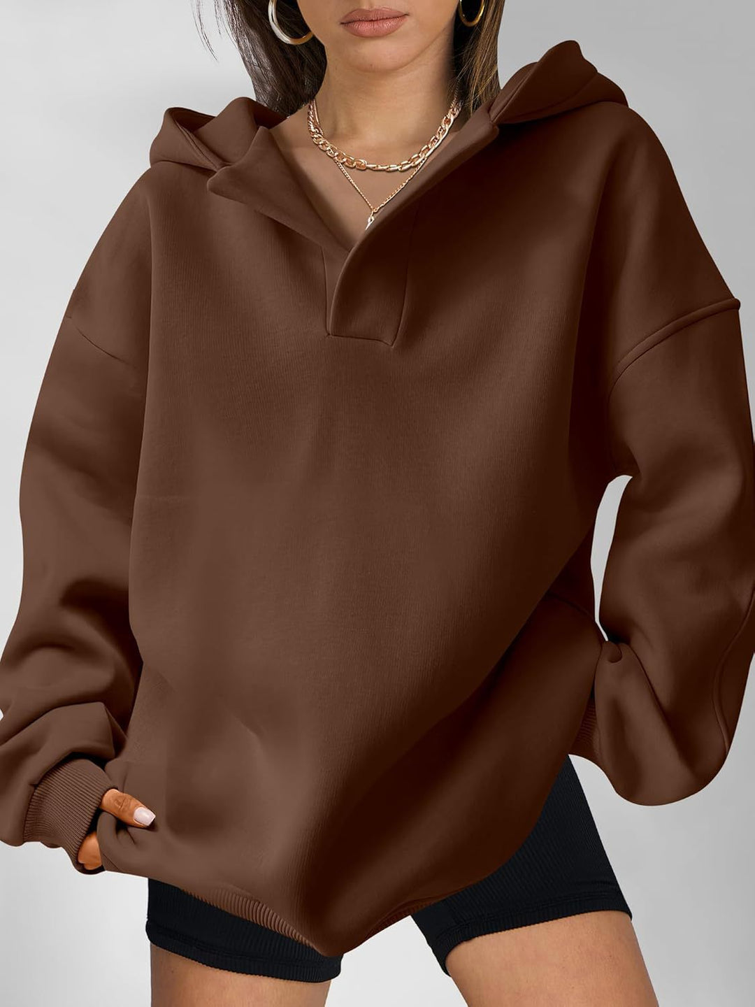 Damen Oversized Kapuzensweatshirt mit lässigem Stehkragen und langen Ärmeln Nord Taschen