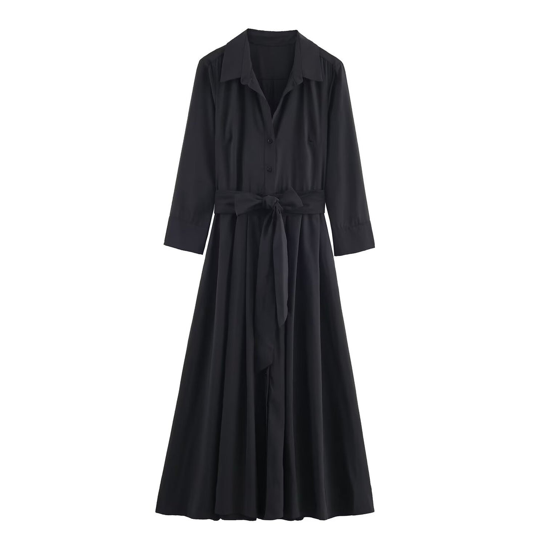 Damen Maxikleid im Hemdblusenstil mit Bindegürtel und schwingendem A‑Linienrock Nord Taschen