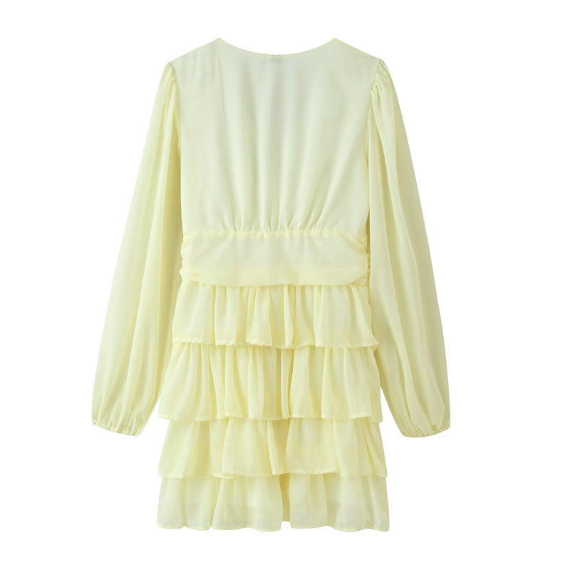 Damen Chiffon‑Minikleid mit V‑Ausschnitt, langen Ärmeln und mehrlagigen Volants Nord Taschen