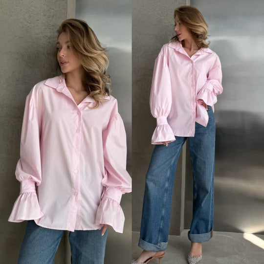 Damen Oversized-Bluse mit Volant-Manschetten und Ballonärmeln Nord Taschen
