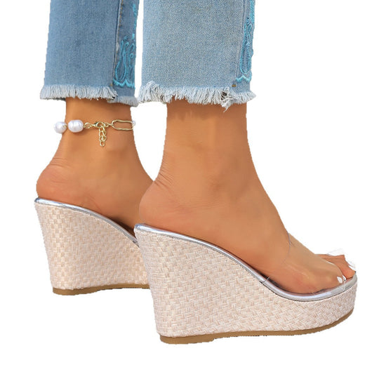 Damen Wedge-Sandalen mit transparentem Riemen und luxuriösem Kork-Design
