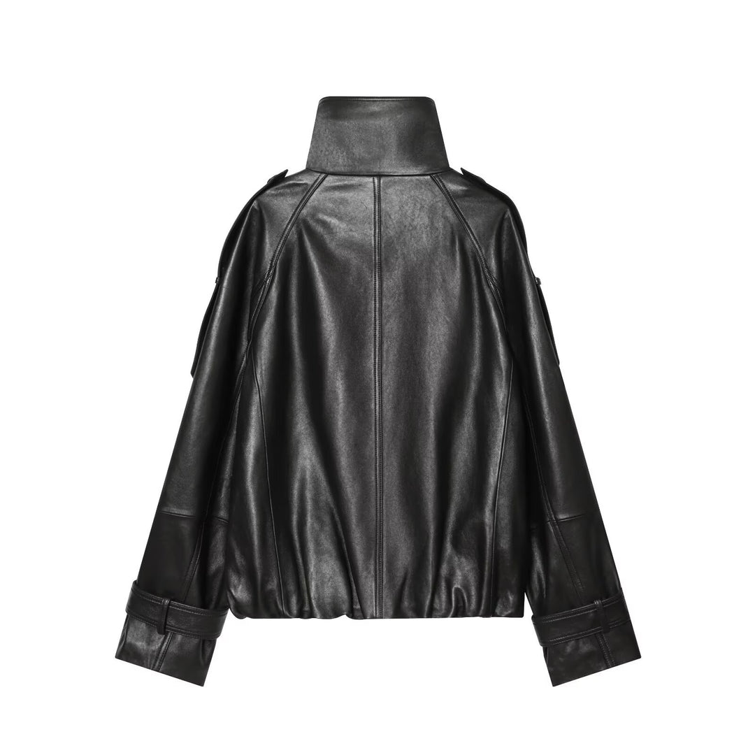 Damen Oversize Lederoptik Mantelcape mit hohem Stehkragen und doppelreihiger Knopfleiste Nord Taschen
