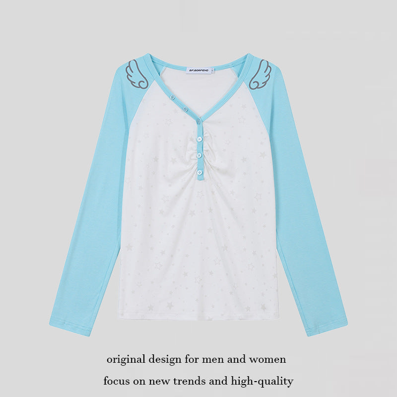 Damen Langarm-Henleyshirt mit Raglanärmeln, Raffung und Sternenprint Nord Taschen