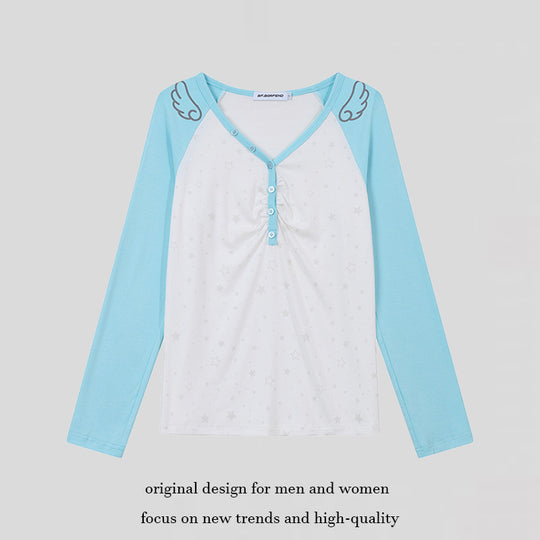 Damen Langarm-Henleyshirt mit Raglanärmeln, Raffung und Sternenprint Nord Taschen