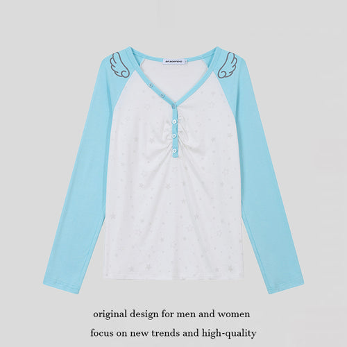 Damen Langarm-Henleyshirt mit Raglanärmeln, Raffung und Sternenprint Nord Taschen