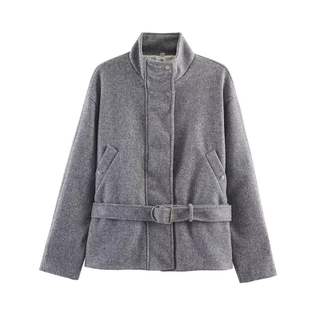 Damen Kurzjacke aus Wollmix mit Taillengürtel und Stehkragen Nord Taschen