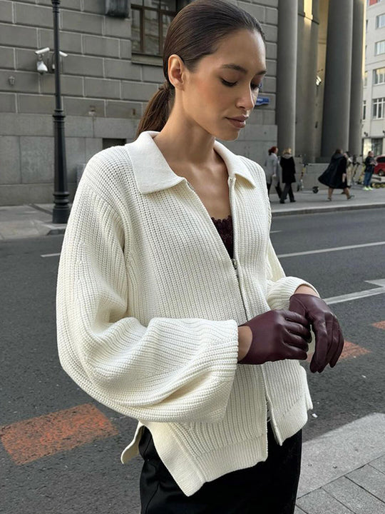 Damen Gerippte Strickjacke mit Reißverschluss, Hemdkragen & Ballonärmeln Nord Taschen