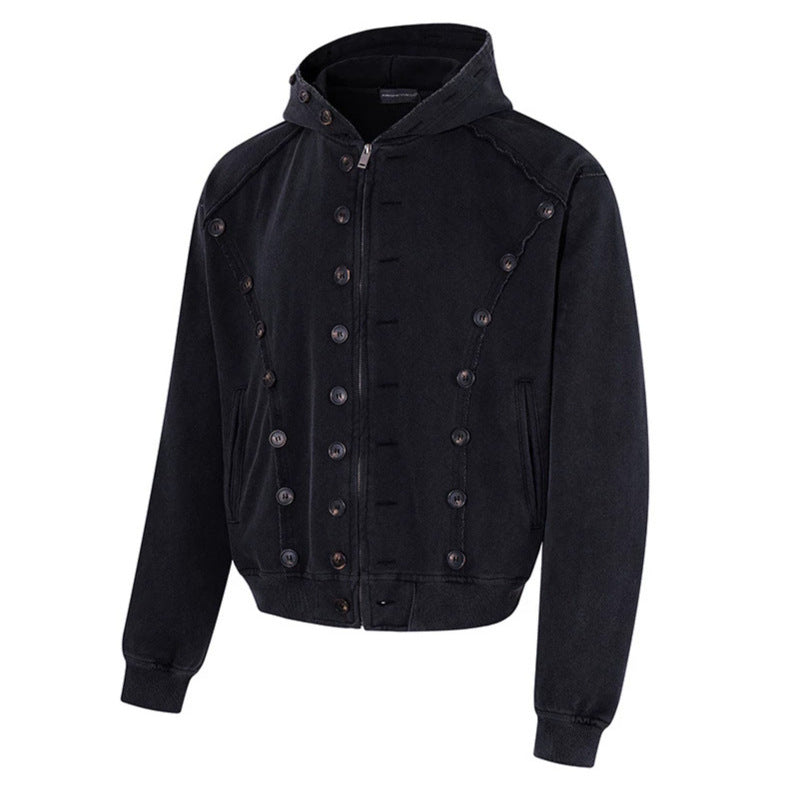 Herren Kapuzen-Zipjacke mit dekorischer Knopfreihe, vintage-inspirierter Waschung und elastischem Saum Nord Taschen