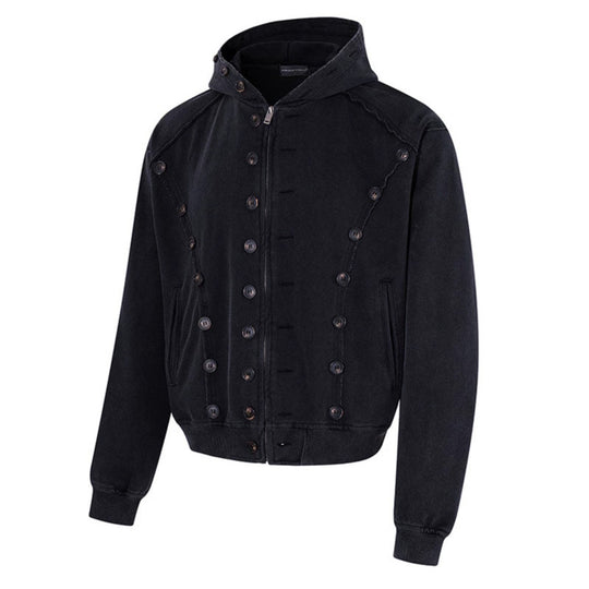 Herren Kapuzen-Zipjacke mit dekorischer Knopfreihe, vintage-inspirierter Waschung und elastischem Saum Nord Taschen