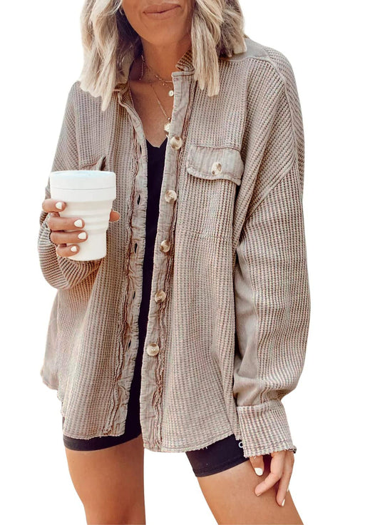 Damen Lässiges Overshirt mit Struktur und Druckknopfverschluss