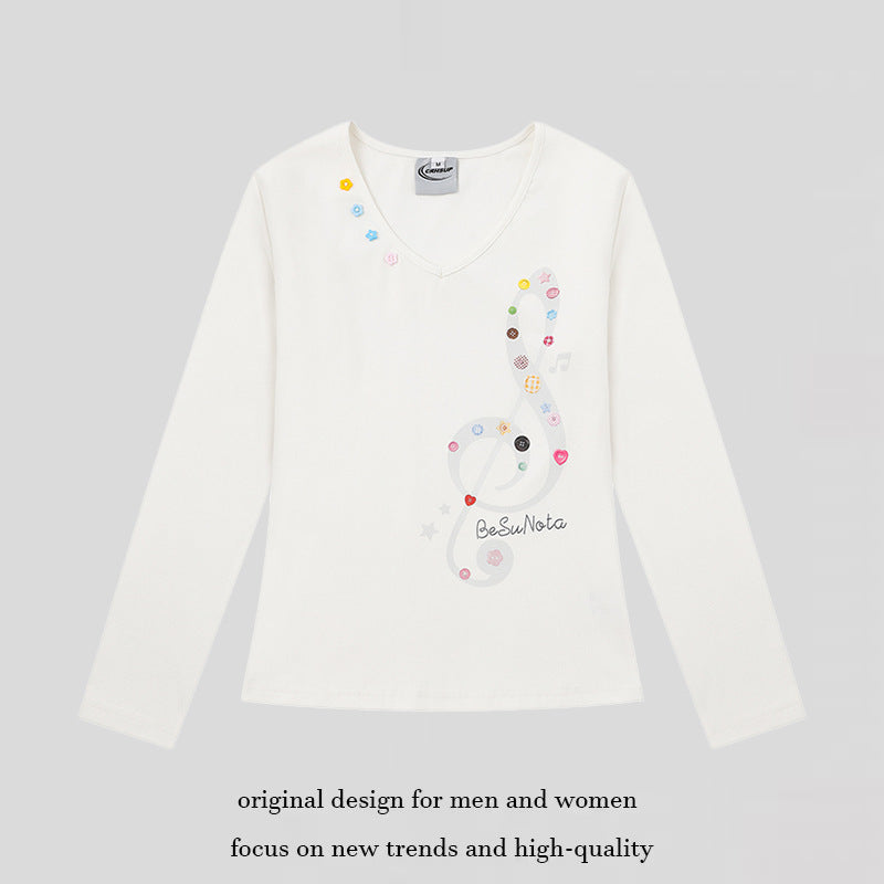 Damen Langarmshirt mit V-Ausschnitt und Notenschlüssel-Applikationen Nord Taschen