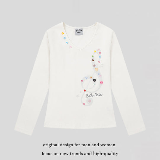 Damen Langarmshirt mit V-Ausschnitt und Notenschlüssel-Applikationen Nord Taschen