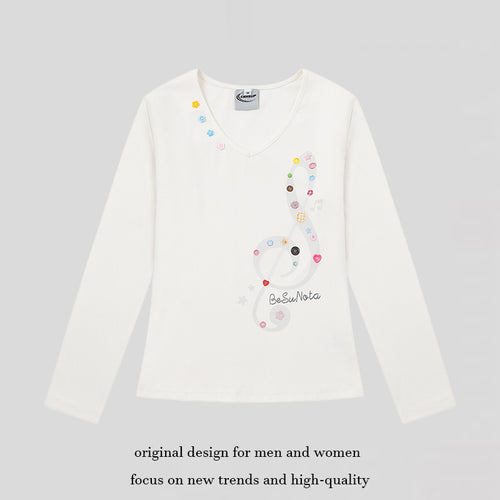 Damen Langarmshirt mit V-Ausschnitt und Notenschlüssel-Applikationen Nord Taschen