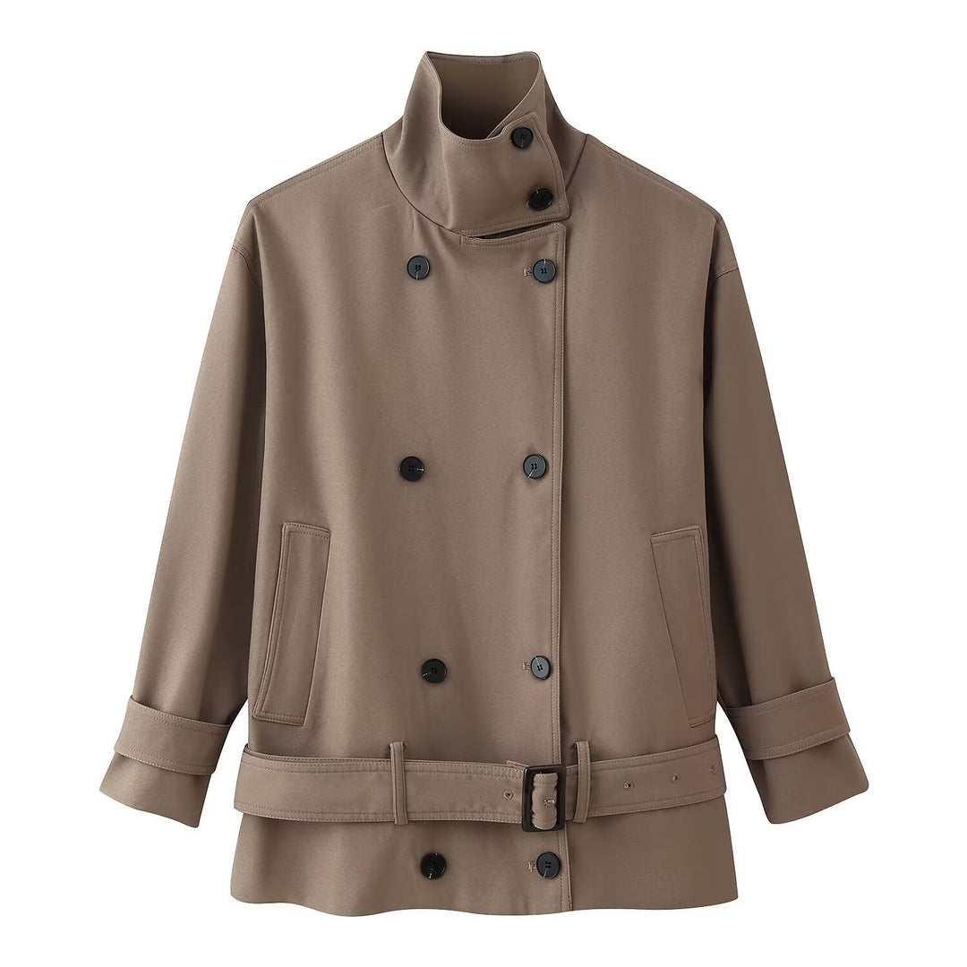 Damen Kurzer doppeltreihiger Trenchcoat mit Stehkragen und Taillengürtel Nord Taschen