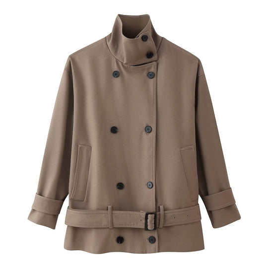Damen Kurzer doppeltreihiger Trenchcoat mit Stehkragen und Taillengürtel Nord Taschen