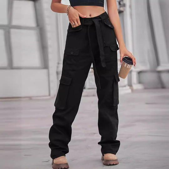 Damen Cargo-Hose mit hoher Taille, Bindegürtel und Mehrfach‑Pattentaschen Nord Taschen